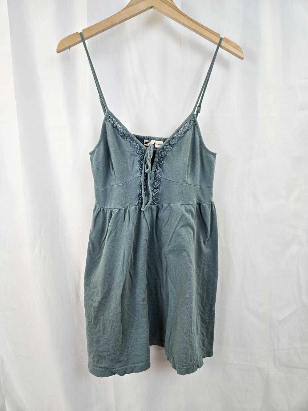 ROXY Dress Womens Large Blue Sleeveless Crochet Lace Up Smocked Sundress Beach